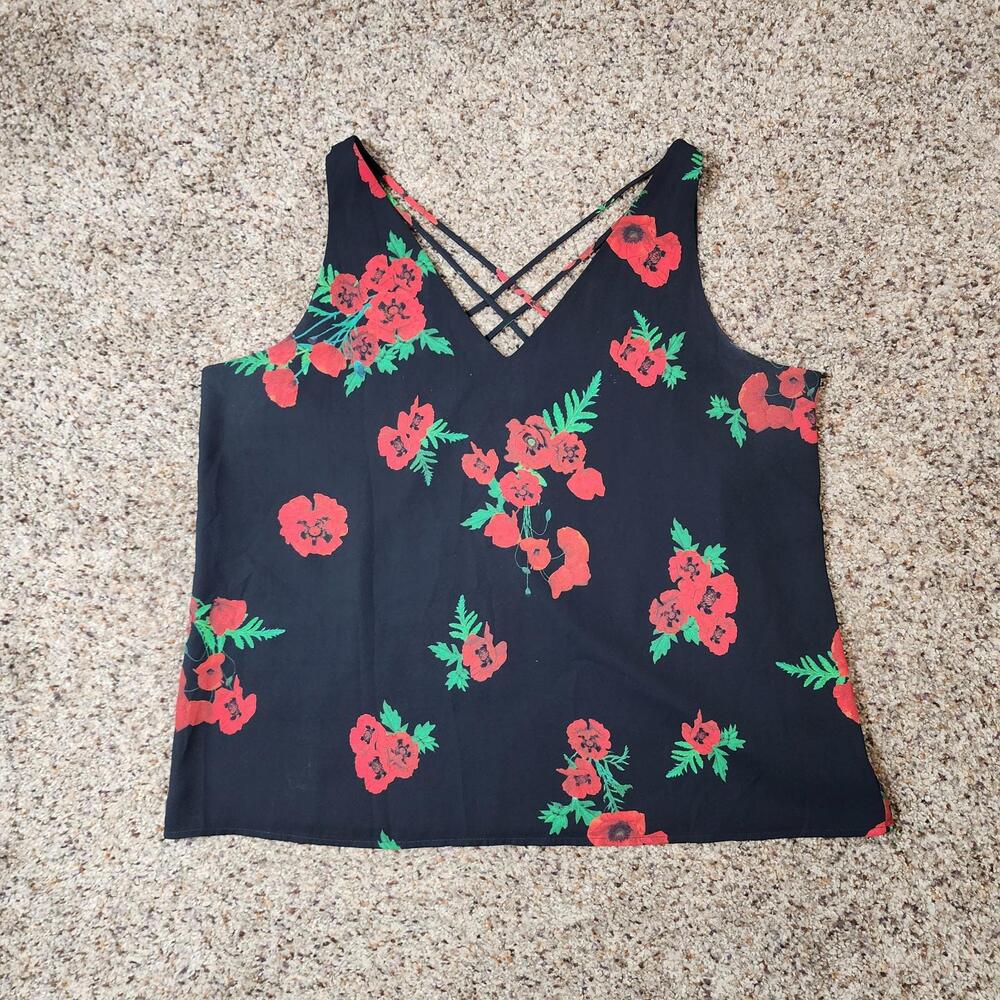 Express Tank Top Women's Black Red Size Large Floral Sleeveless Blouse Preppy